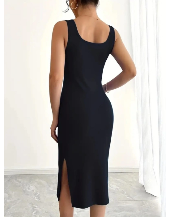 Kadın Askılı Kare Yaka Yandan Yırtmaçlı Midi Kaşkorse Elbise