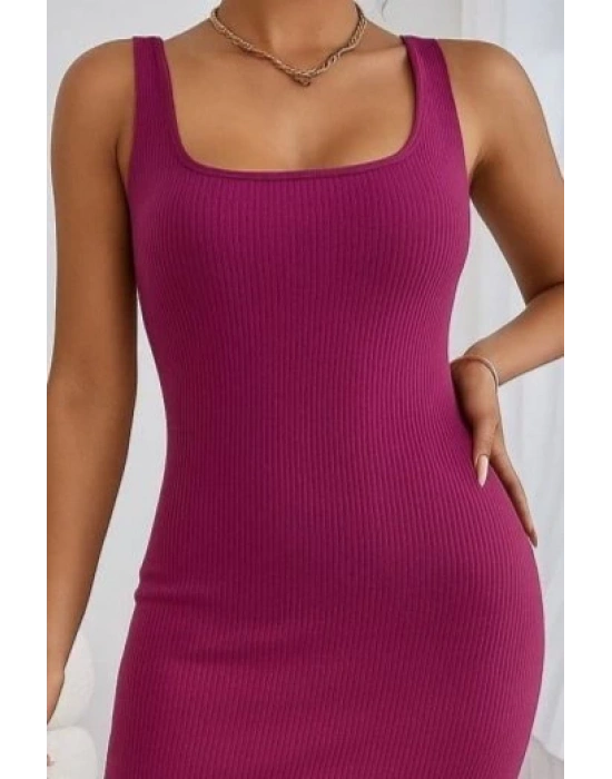 Kadın Askılı Kare Yaka Yandan Yırtmaçlı Midi Kaşkorse Elbise