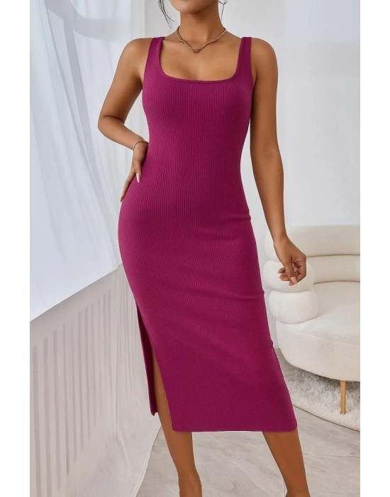 Kadın Askılı Kare Yaka Yandan Yırtmaçlı Midi Kaşkorse Elbise