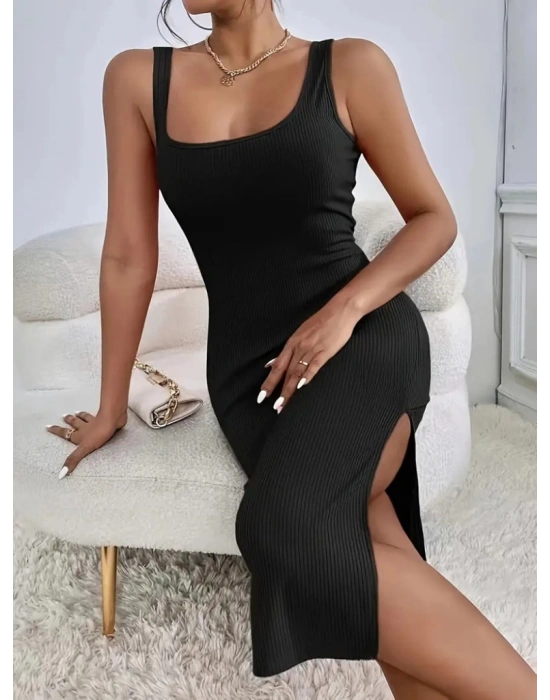 Kadın Askılı Kare Yaka Yandan Yırtmaçlı Midi Kaşkorse Elbise