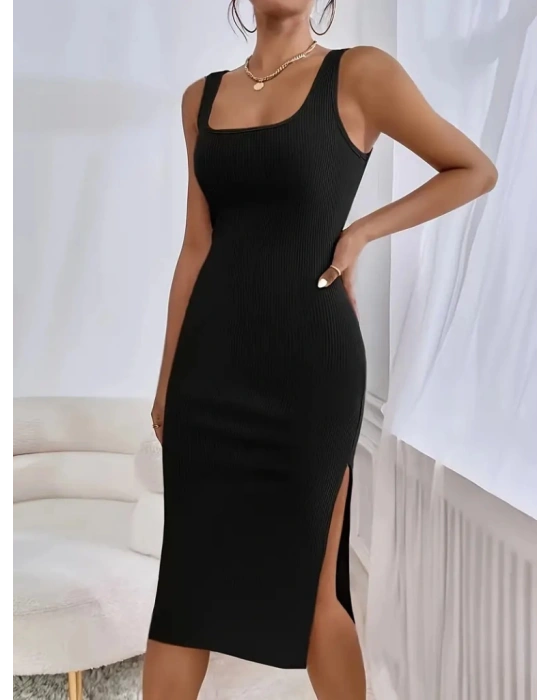 Kadın Askılı Kare Yaka Yandan Yırtmaçlı Midi Kaşkorse Elbise