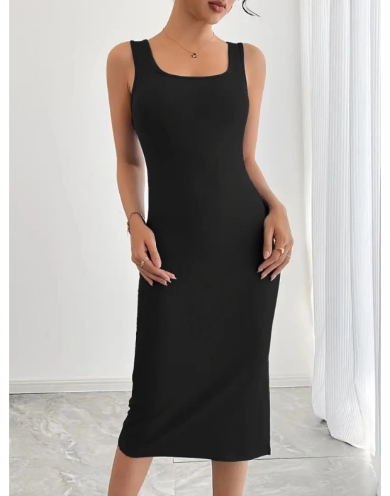 Kadın Askılı Kare Yaka Yandan Yırtmaçlı Midi Kaşkorse Elbise