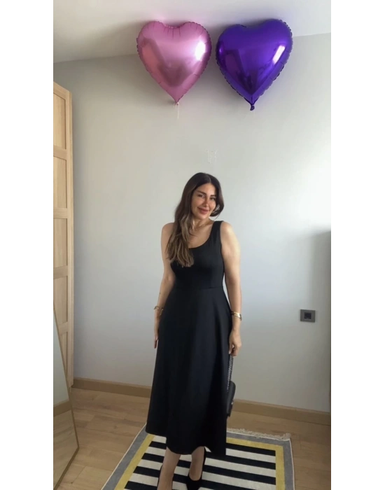 Kadın Askılı Kare Yaka Yırtmaçlı Midi Janjan Krep Elbise