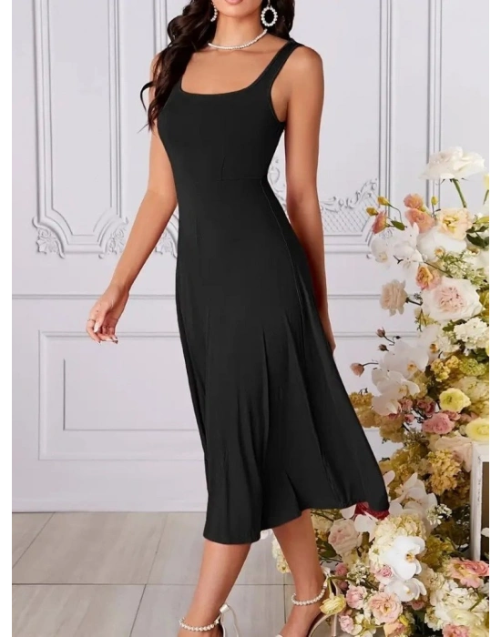 Kadın Askılı Kare Yaka Yırtmaçlı Midi Janjan Krep Elbise