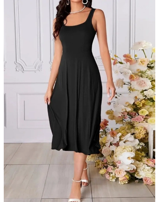 Kadın Askılı Kare Yaka Yırtmaçlı Midi Janjan Krep Elbise