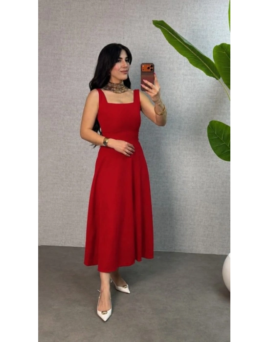 Kadın Askılı Kare Yakalı Bel Arkasından Bağlama Detaylı Uzun Yerli Krep Elbise