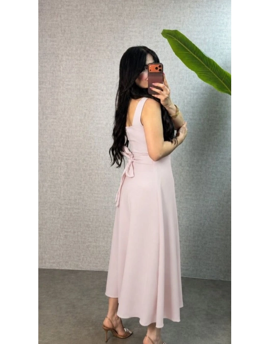 Kadın Askılı Kare Yakalı Bel Arkasından Bağlama Detaylı Uzun Yerli Krep Elbise