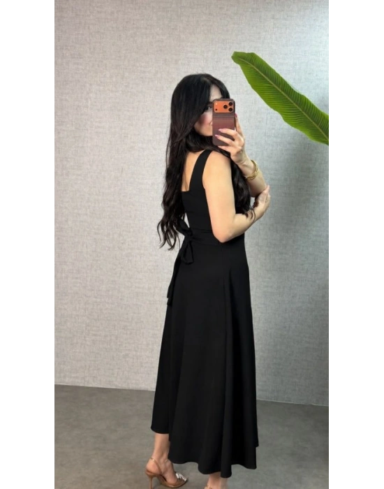Kadın Askılı Kare Yakalı Bel Arkasından Bağlama Detaylı Uzun Yerli Krep Elbise