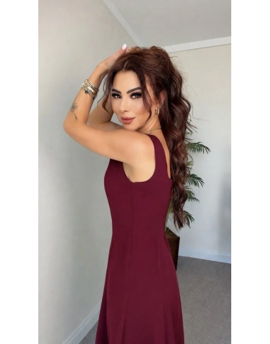 Kadın Askılı Kare Yakalı Kemersiz A şeklinde Gelen Uzun Ithal Krep Elbise