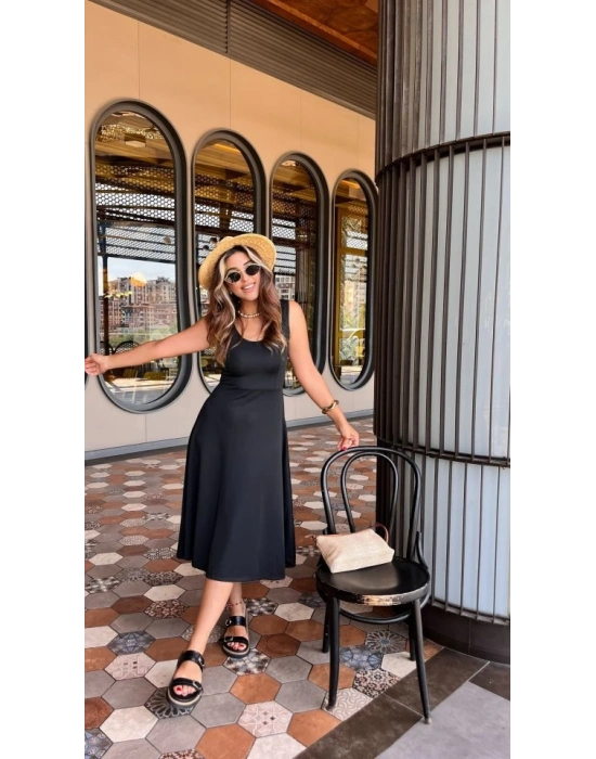 Kadın Askılı Kare Yakalı Midi Ithal Krep Elbise