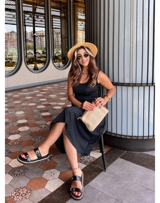 Kadın Askılı Kare Yakalı Midi Ithal Krep Elbise