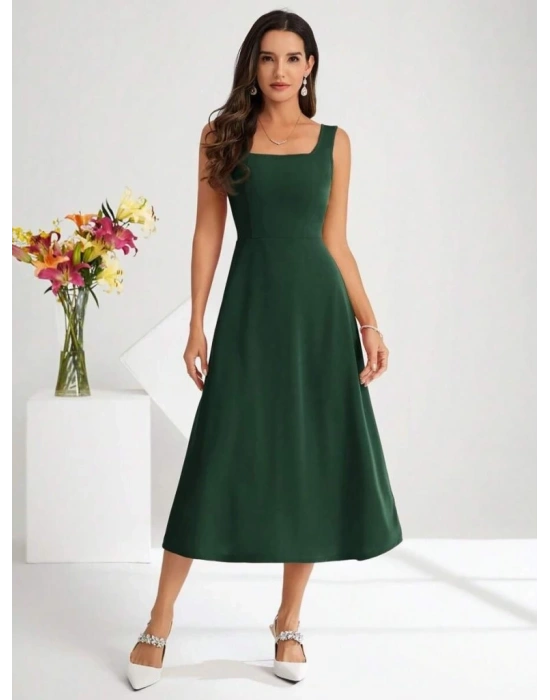 Kadın Askılı Kare Yakalı Midi Ithal Krep Elbise