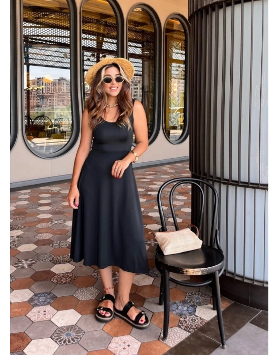 Kadın Askılı Kare Yakalı Midi Ithal Krep Elbise