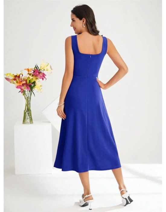 Kadın Askılı Kare Yakalı Midi Ithal Krep Elbise