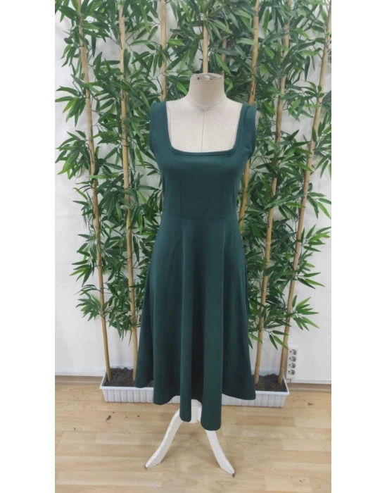 Kadın Askılı Kare Yakalı Midi Ithal Krep Elbise