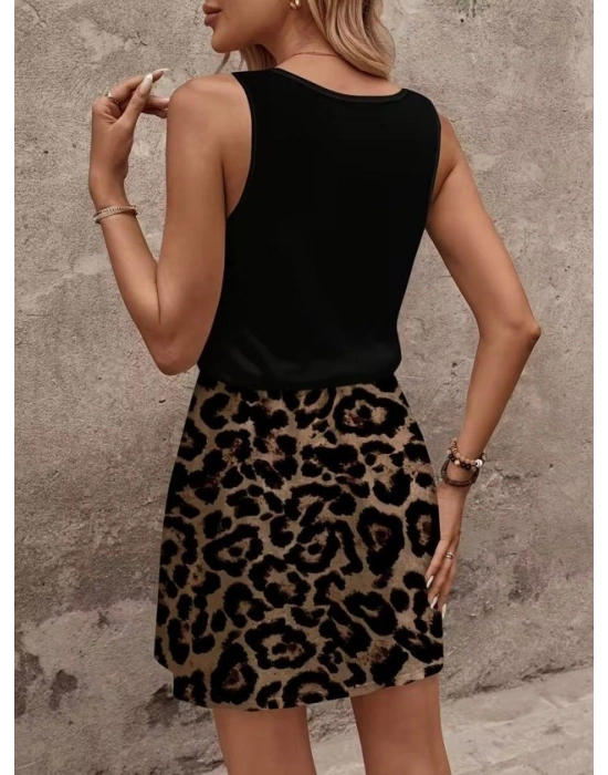 Kadın Askılı Kare Yakalı üst Viskon Alt Desenli Kısa Süprem Elbise