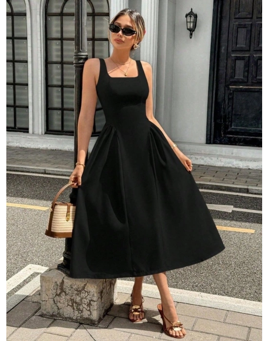 Kadın Askılı Kare Yakalı Uzun Ithal Krep Elbise