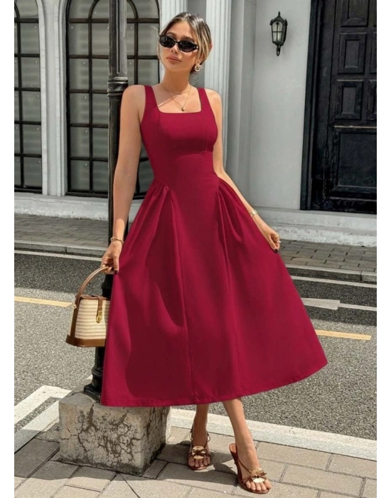 Kadın Askılı Kare Yakalı Uzun Ithal Krep Elbise