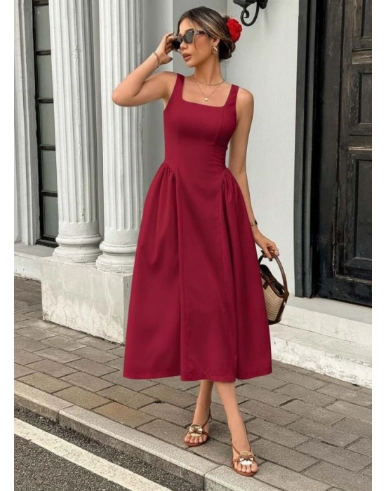 Kadın Askılı Kare Yakalı Uzun Ithal Krep Elbise