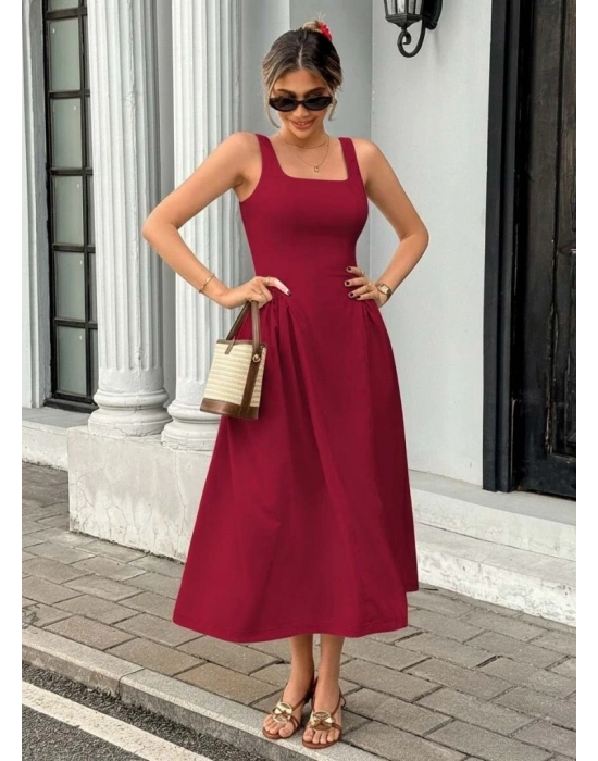 Kadın Askılı Kare Yakalı Uzun Ithal Krep Elbise