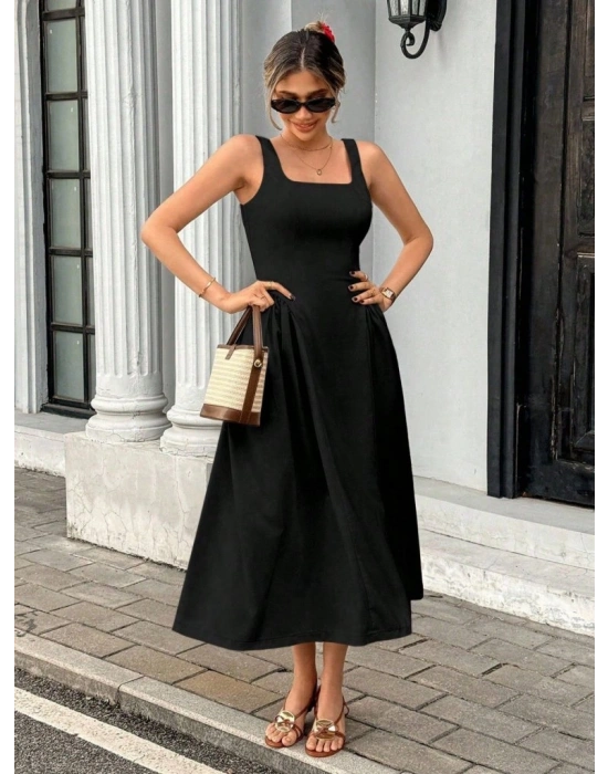 Kadın Askılı Kare Yakalı Uzun Ithal Krep Elbise