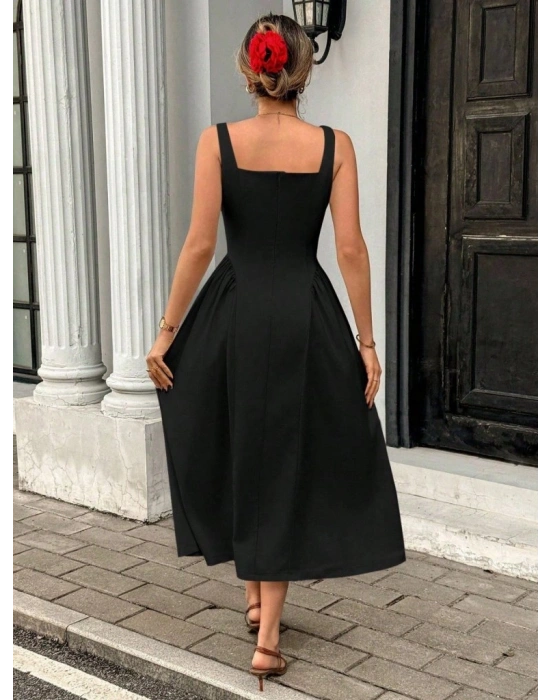 Kadın Askılı Kare Yakalı Uzun Ithal Krep Elbise