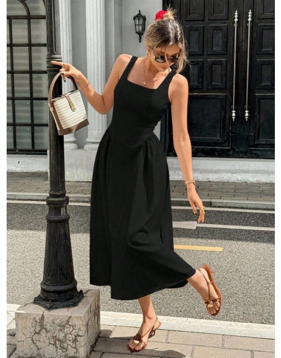 Kadın Askılı Kare Yakalı Uzun Ithal Krep Elbise