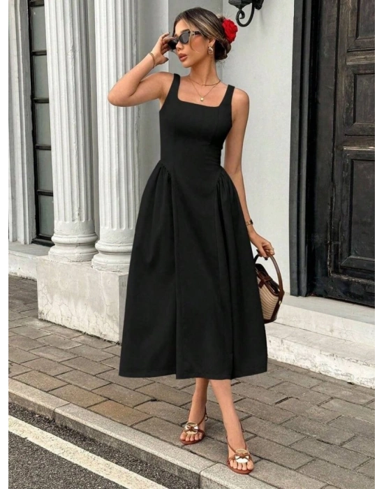 Kadın Askılı Kare Yakalı Uzun Ithal Krep Elbise