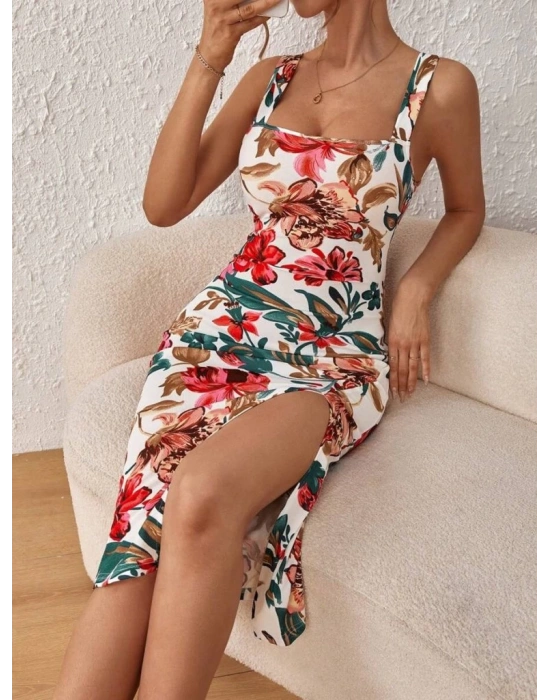 Kadın Askılı Kare Yakalı Yırtmaçlı çiçek Desenli Dalgıç Elbise