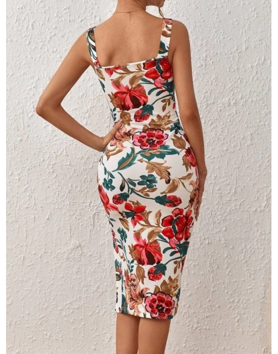 Kadın Askılı Kare Yakalı Yırtmaçlı çiçek Desenli Dalgıç Elbise