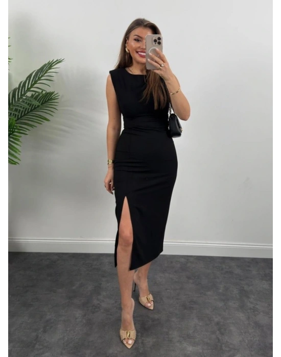 Kadın Askılı Kolsuz Belden Büzgülü Yırtmaçlı Midi Janjan Krep Elbise