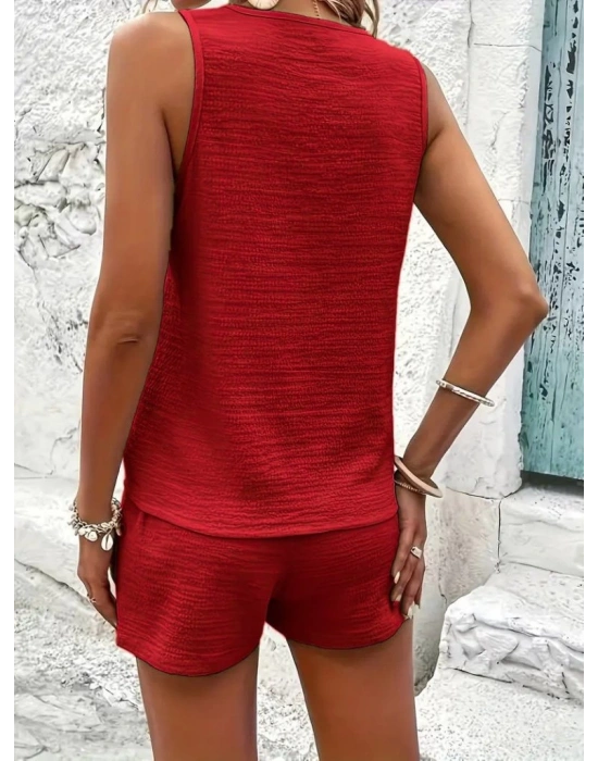 Kadın Askılı Kolsuz V Yakalı önden Düğmeli Bürümcük Bluz Ve Short Ikili Takım