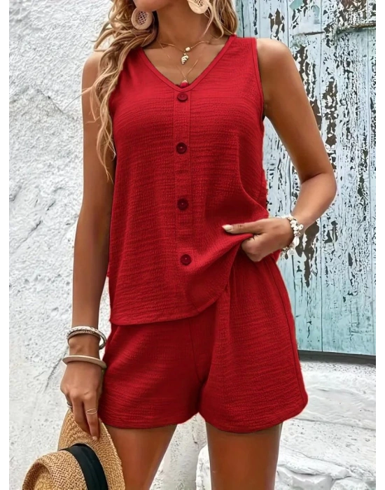 Kadın Askılı Kolsuz V Yakalı önden Düğmeli Bürümcük Bluz Ve Short Ikili Takım