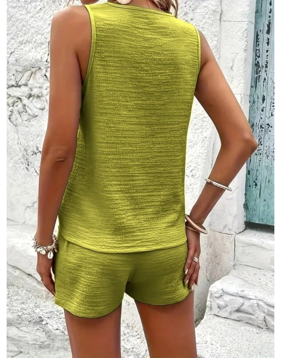 Kadın Askılı Kolsuz V Yakalı önden Düğmeli Bürümcük Bluz Ve Short Ikili Takım