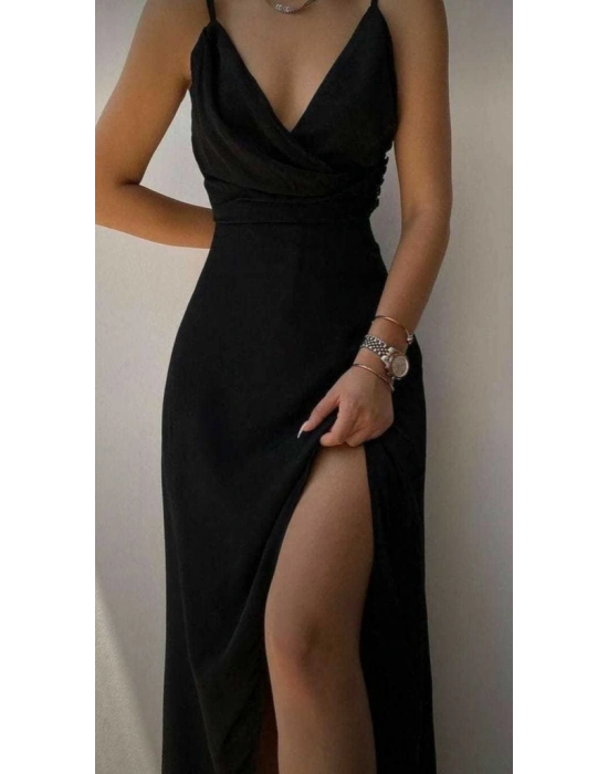 Kadın Askılı Kruvaze Yaka Derin Yırtmaçlı Krep Elbise