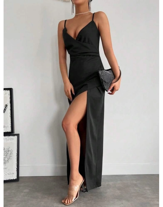 Kadın Askılı Kruvaze Yaka Derin Yırtmaçlı Krep Elbise