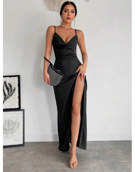 Kadın Askılı Kruvaze Yaka Derin Yırtmaçlı Krep Elbise