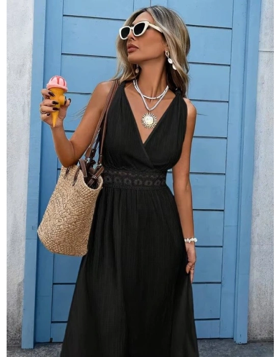 Kadın Askılı Kruvaze Yakalı Belden Dantelli Uzun Bürümcük Elbise