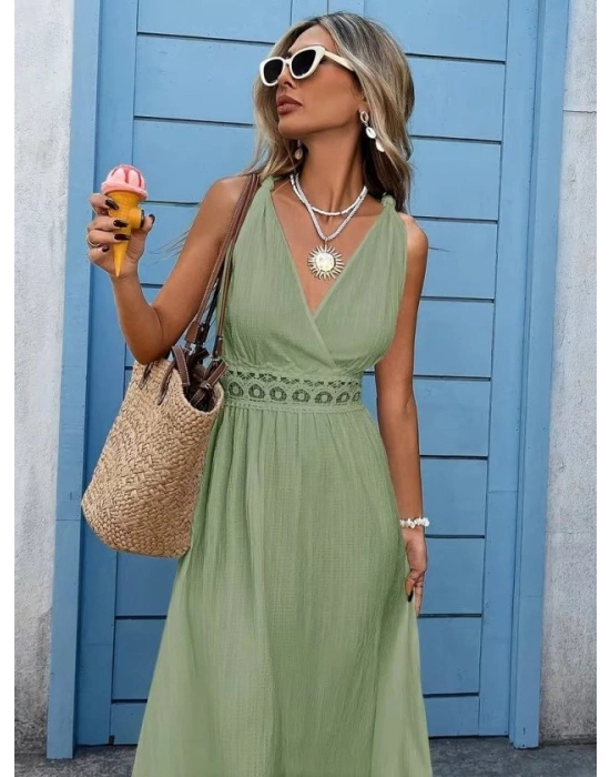 Kadın Askılı Kruvaze Yakalı Belden Dantelli Uzun Bürümcük Elbise