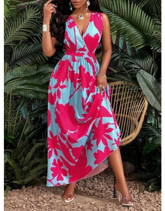 Kadın Askılı Kruvaze Yakalı çiçek Desenli Uzun Süprem Elbise