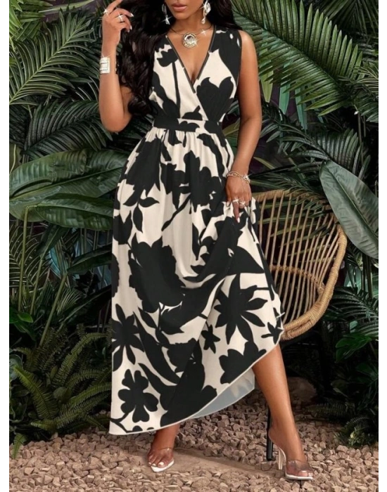 Kadın Askılı Kruvaze Yakalı çiçek Desenli Uzun Süprem Elbise