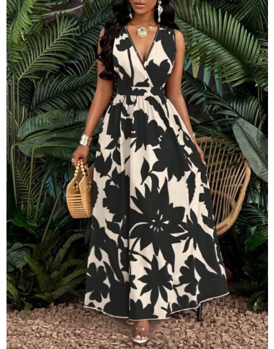 Kadın Askılı Kruvaze Yakalı çiçek Desenli Uzun Süprem Elbise