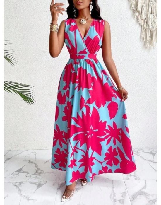 Kadın Askılı Kruvaze Yakalı çiçek Desenli Uzun Süprem Elbise