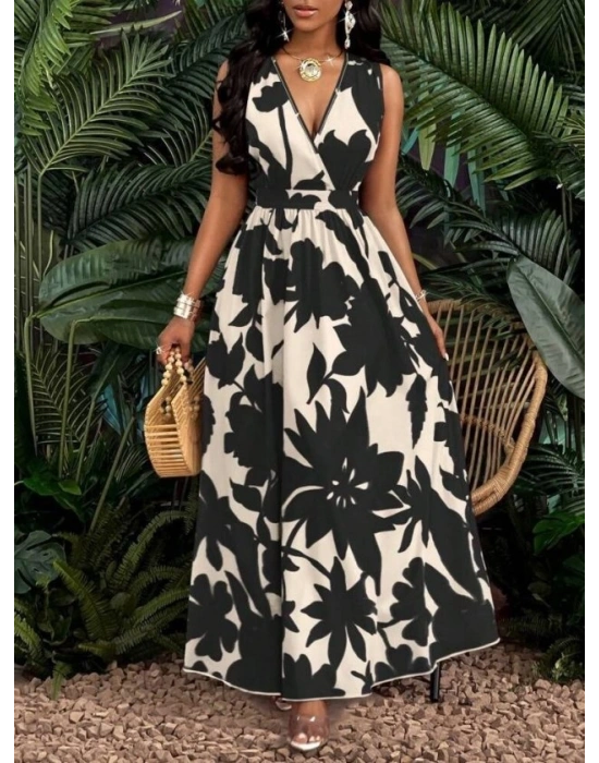 Kadın Askılı Kruvaze Yakalı çiçek Desenli Uzun Süprem Elbise