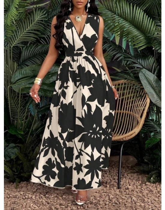 Kadın Askılı Kruvaze Yakalı çiçek Desenli Uzun Süprem Elbise