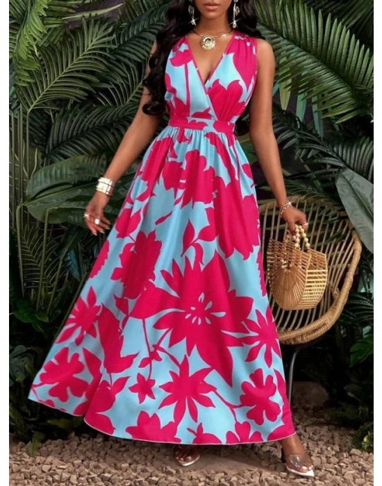 Kadın Askılı Kruvaze Yakalı çiçek Desenli Uzun Süprem Elbise