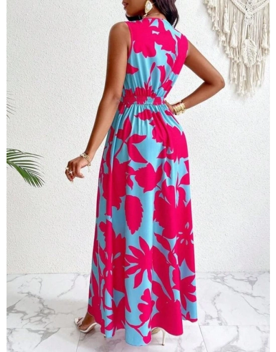 Kadın Askılı Kruvaze Yakalı çiçek Desenli Uzun Süprem Elbise
