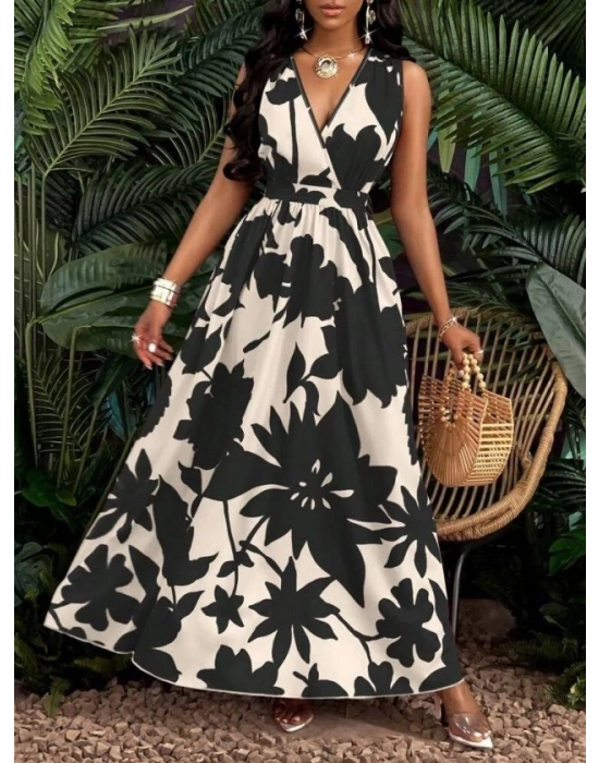 Kadın Askılı Kruvaze Yakalı çiçek Desenli Uzun Süprem Elbise