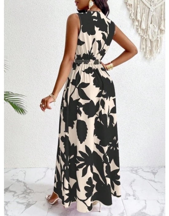 Kadın Askılı Kruvaze Yakalı çiçek Desenli Uzun Süprem Elbise