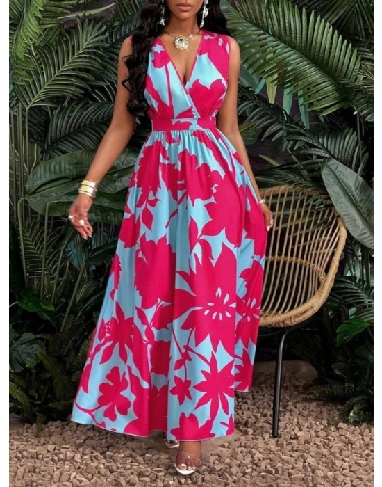 Kadın Askılı Kruvaze Yakalı çiçek Desenli Uzun Süprem Elbise